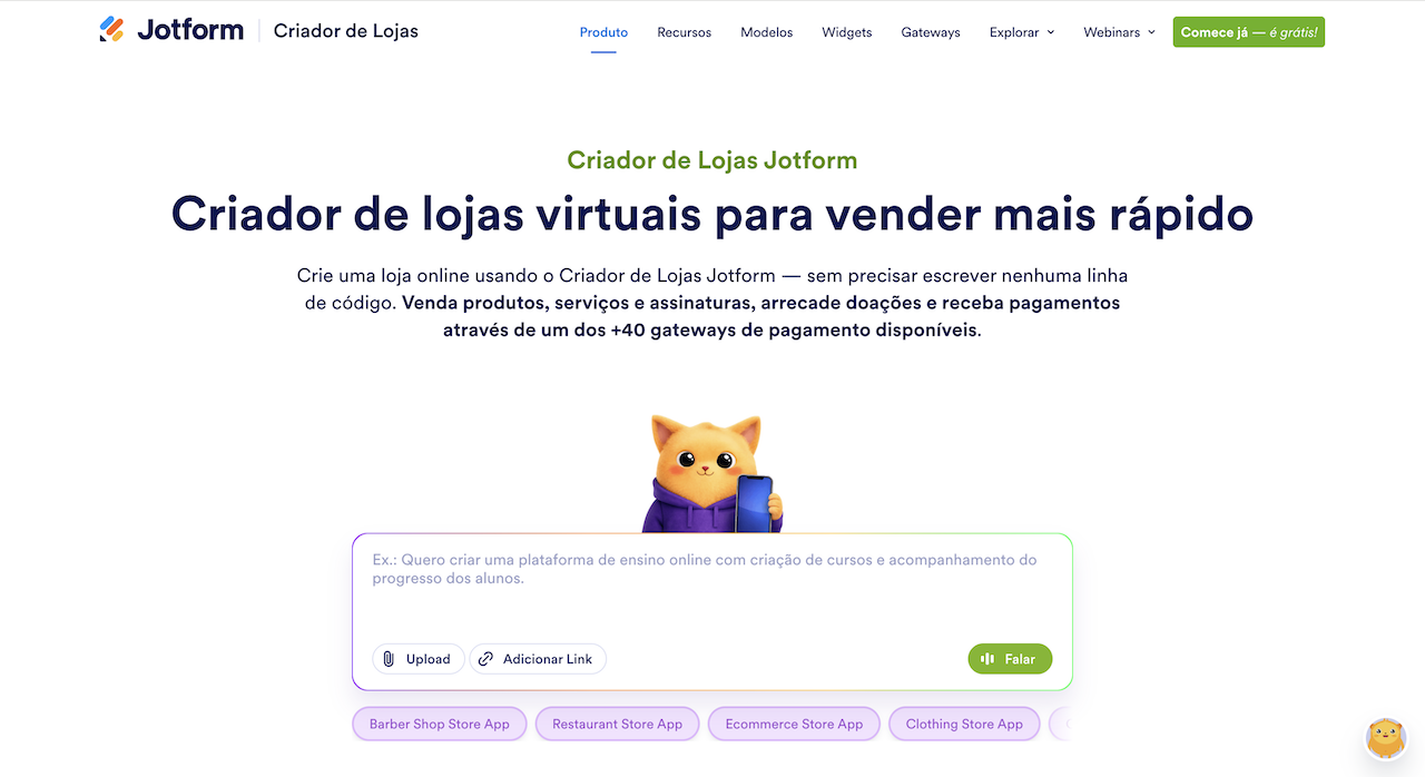 Captura de tela da página inicial do Criador de Lojas Jotform, mostrando o título "Criador de lojas virtuais para vender mais rápido"