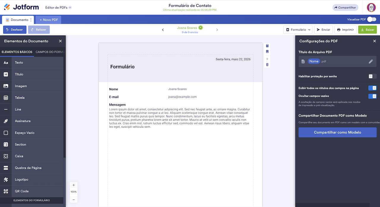 Criador de Relatórios Jotform mostrando um relatório de contato com opções de compartilhamento e exportação