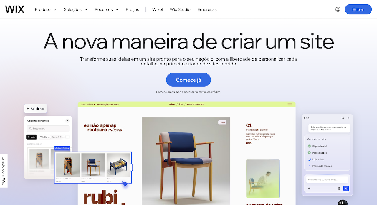 Captura de tela da página inicial do Wix, mostrando o título "A nova maneira de criar um site"