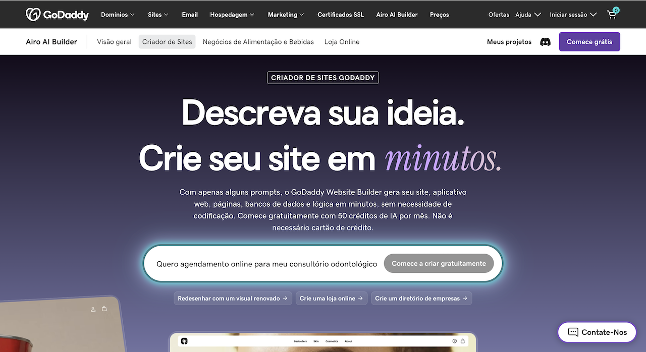 Captura de tela da página inicial do GoDaddy, mostrando o título "Crie seu site em minutos"