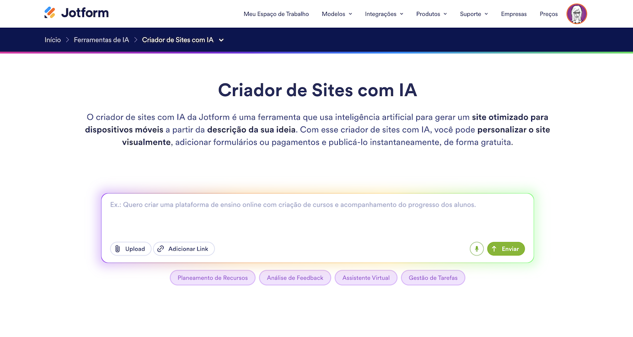 Captura de tela da página inicial do Criador de Sites com IA da Jotform, mostrando uma área de prompt