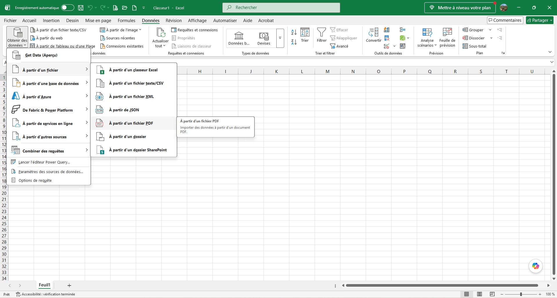 Capture d'écran de l'onglet Données d'Excel avec le menu Obtenir les données ouvert pour importer des données à partir d'un PDF