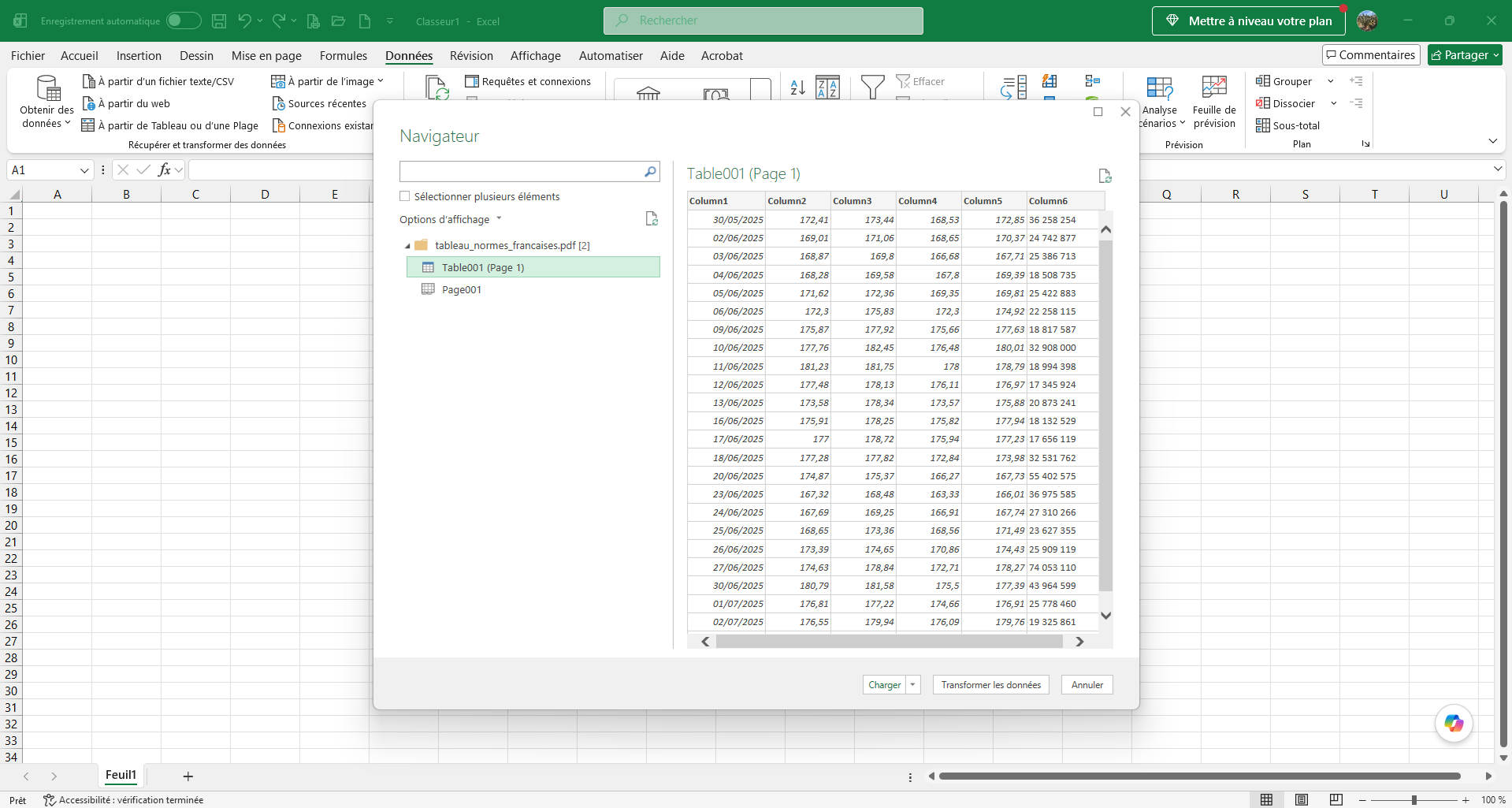Capture d'écran de la fenêtre Navigateur dans Excel affichant les tableaux PDF disponibles à l'importation du fichier PDF sélectionné