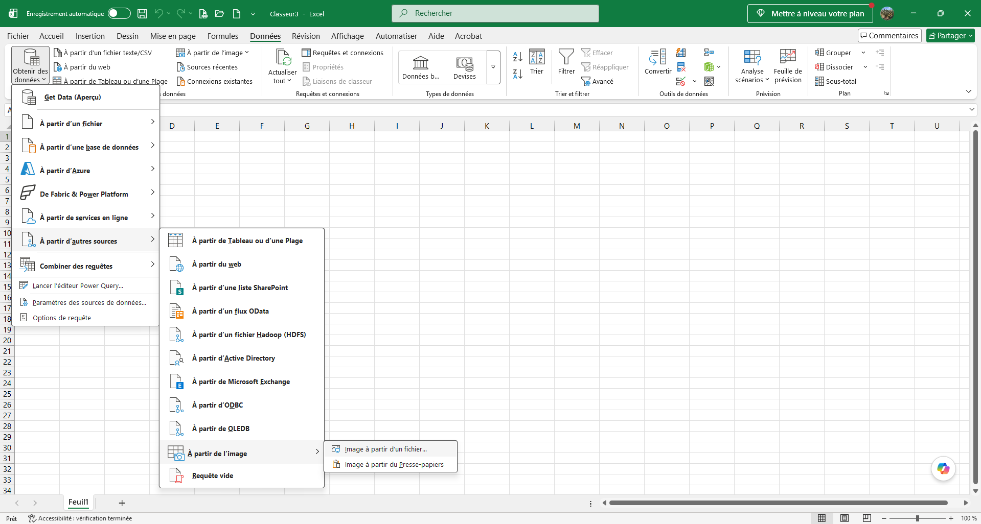 Capture d'écran de l'onglet Données dans Excel avec le menu Obtenir les données ouvert, l'option À partir d'autres sources et À partir de l'image sélectionnés, et enfin l'option Image à partir d'un fichier