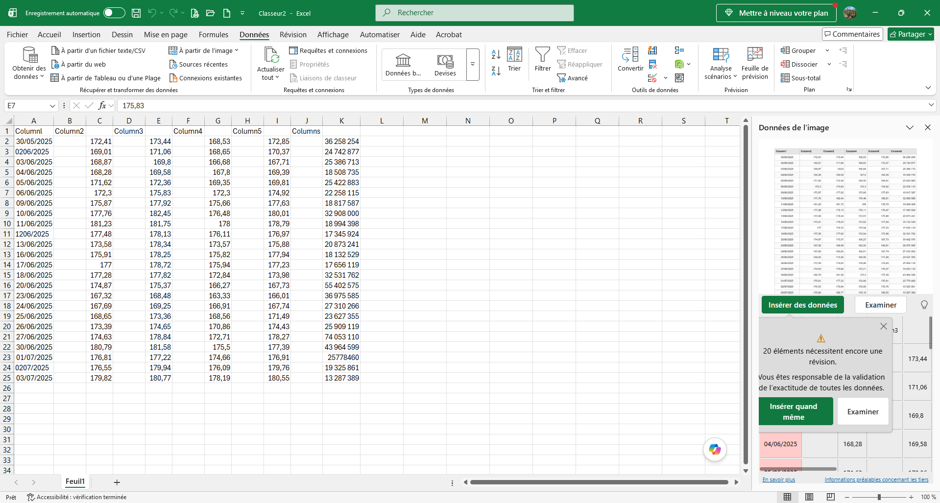 Capture d'écran d'une feuille de calcul Excel affichant les données extraites d'une image d'un tableau