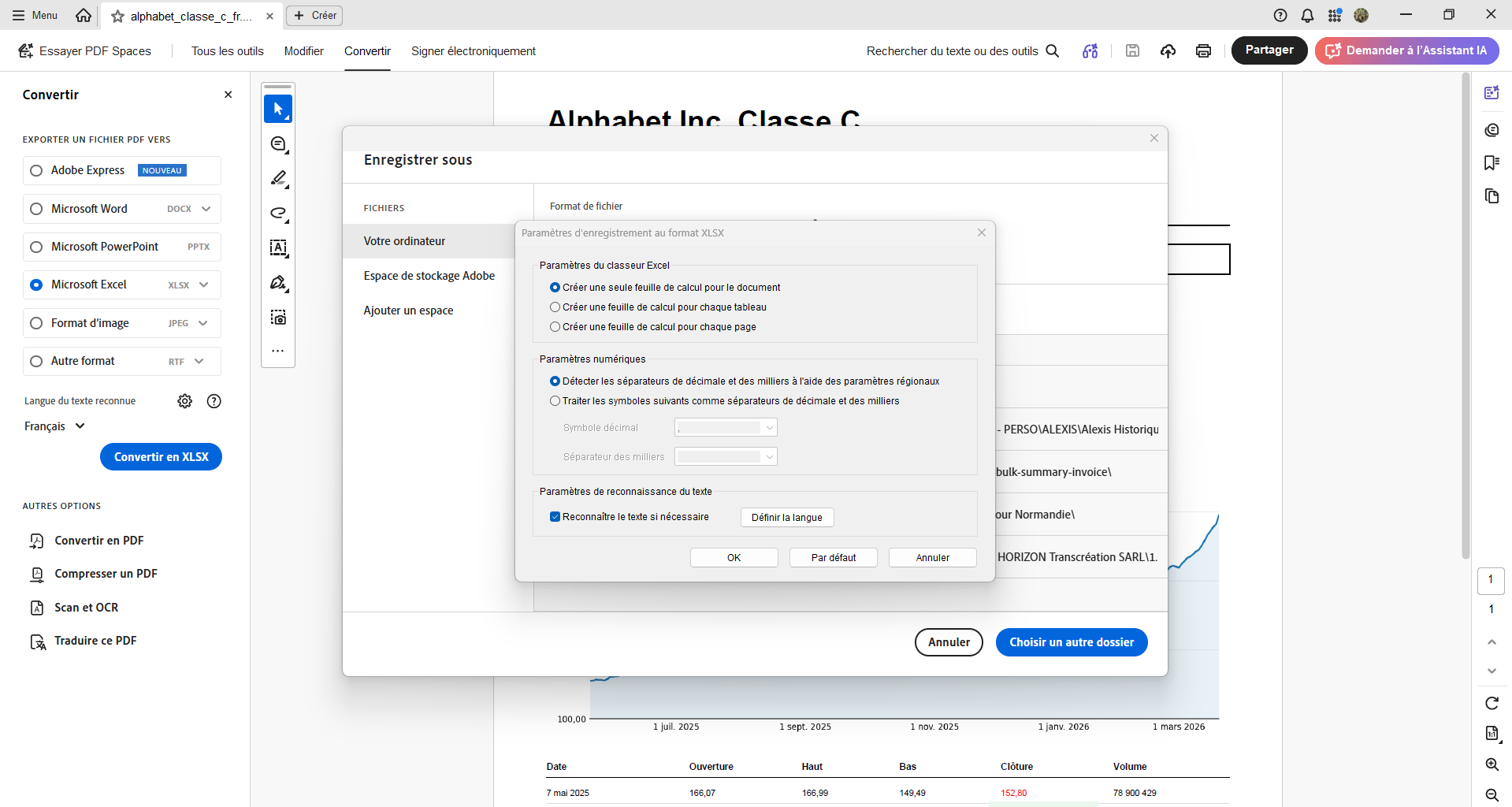 Capture d'écran d'un fichier PDF ouvert dans Adobe Acrobat avec la fenêtre des paramètres d'enregistrement au format XLSX ouverte dans l'option Convertir et Enregistrer sous fichier Excel