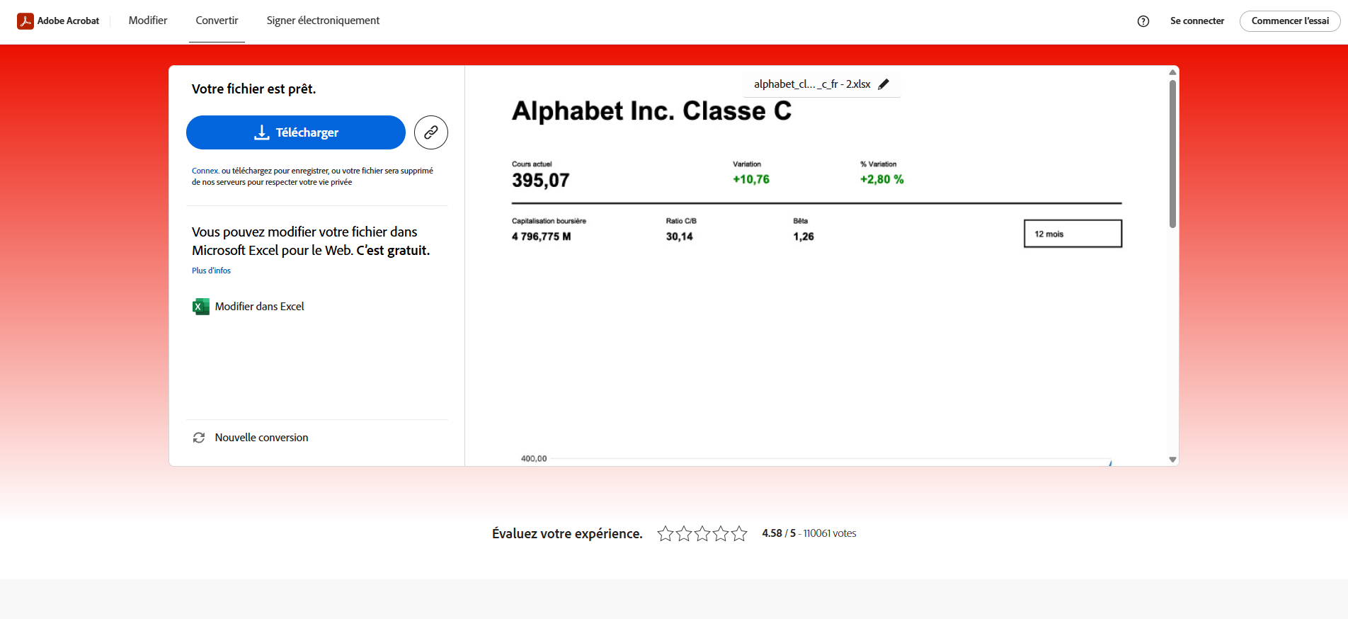 Capture d'écran du convertisseur PDF vers Excel en ligne d'Adobe affichant un aperçu du PDF téléchargé et le bouton Télécharger
