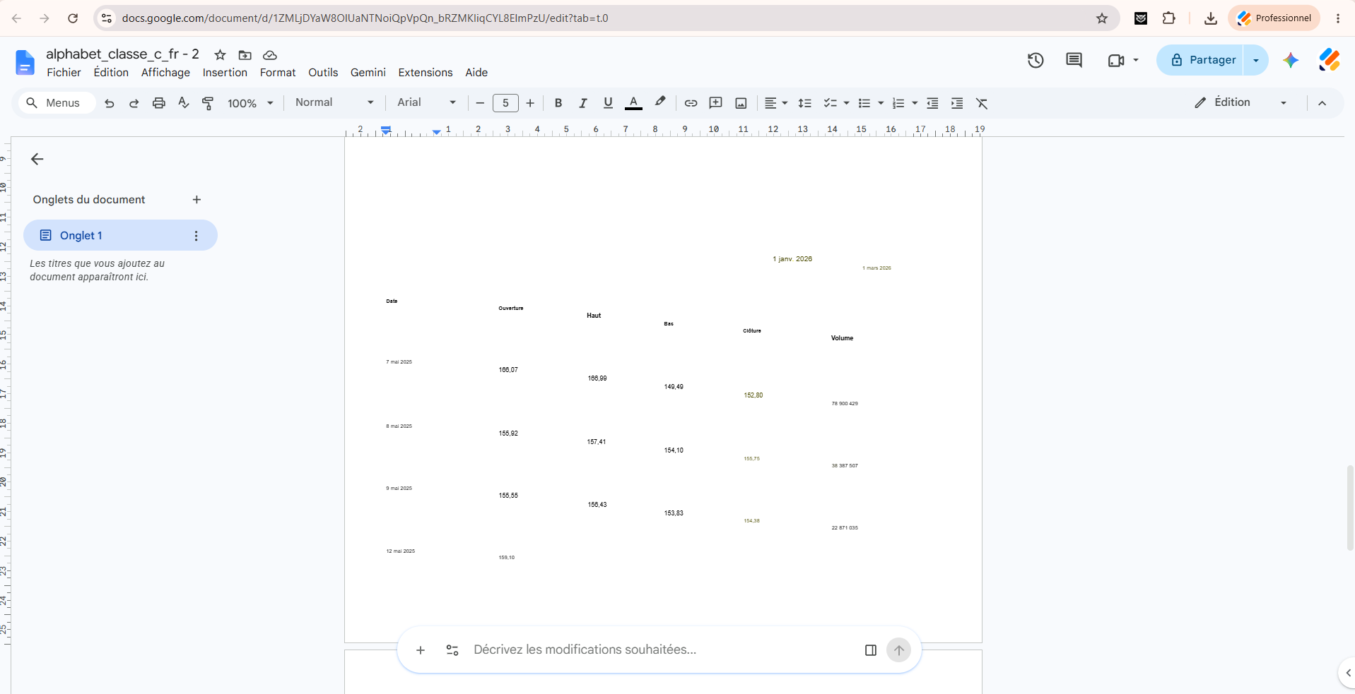 Capture d'écran de Google Docs affichant un tableau PDF importé avec du texte extrait