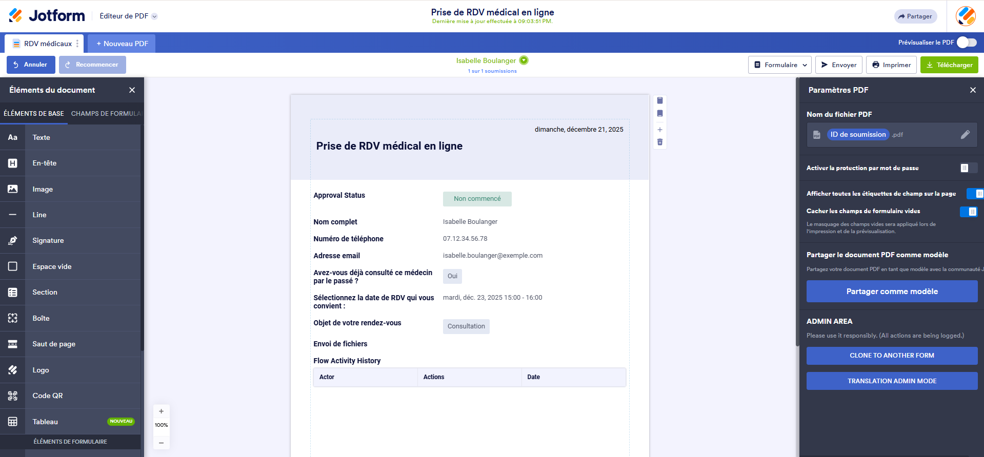 Capture d'écran de l'interface de l'Éditeur de PDF Jotform affichant un formulaire remplissable