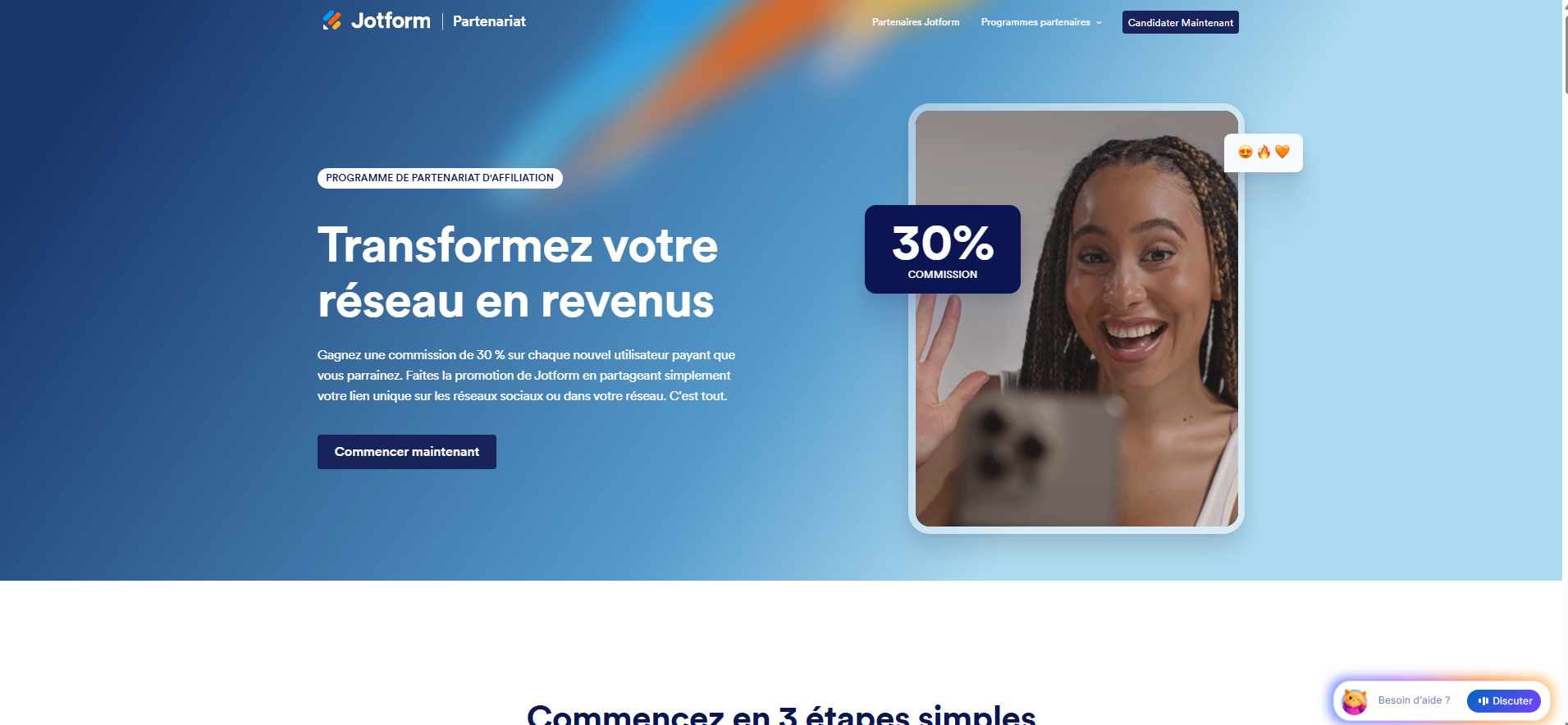Capture d'écran de la page de destination du site web du programme d'affiliation Jotform