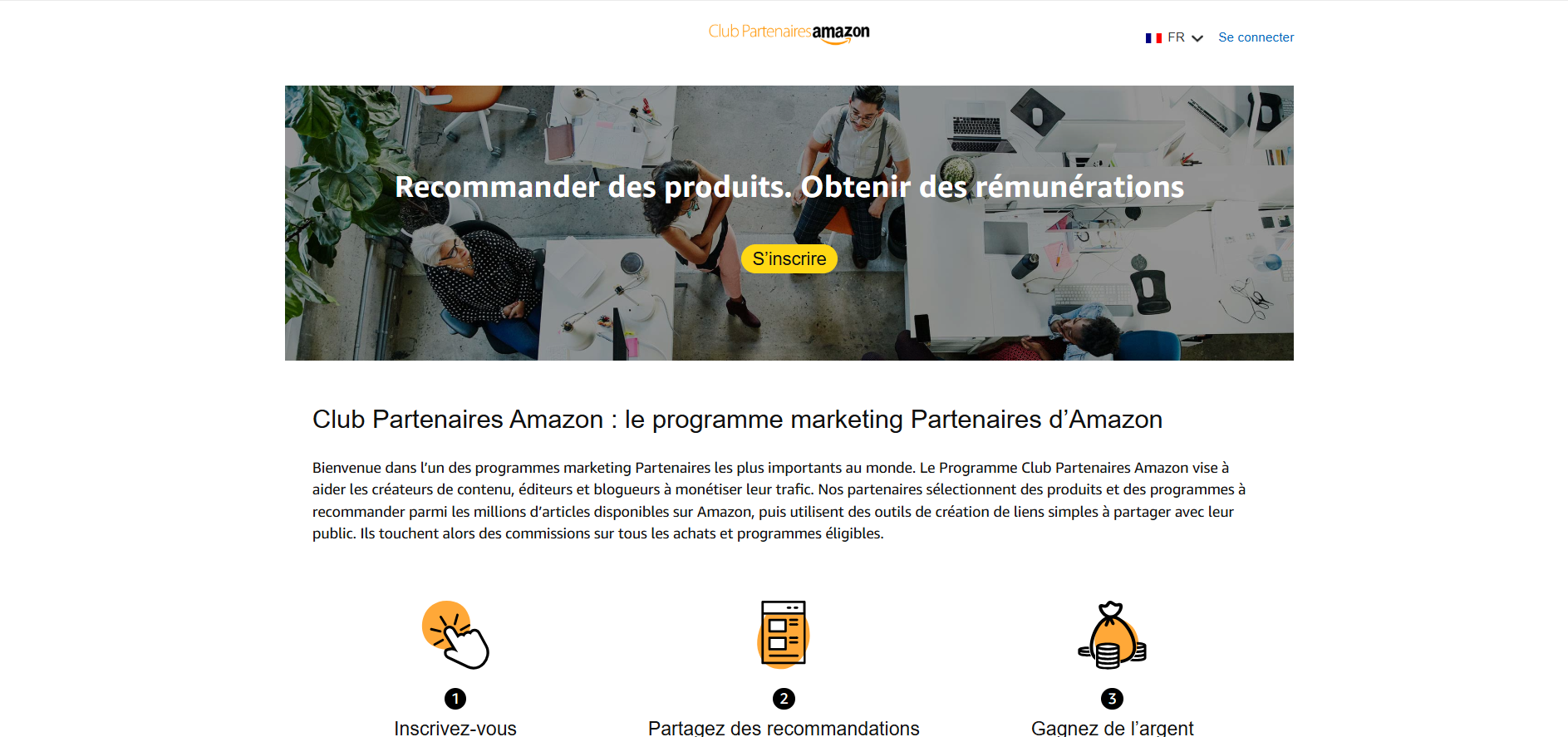 Site web Amazon Associates avec les mots : "Recommandez des produits