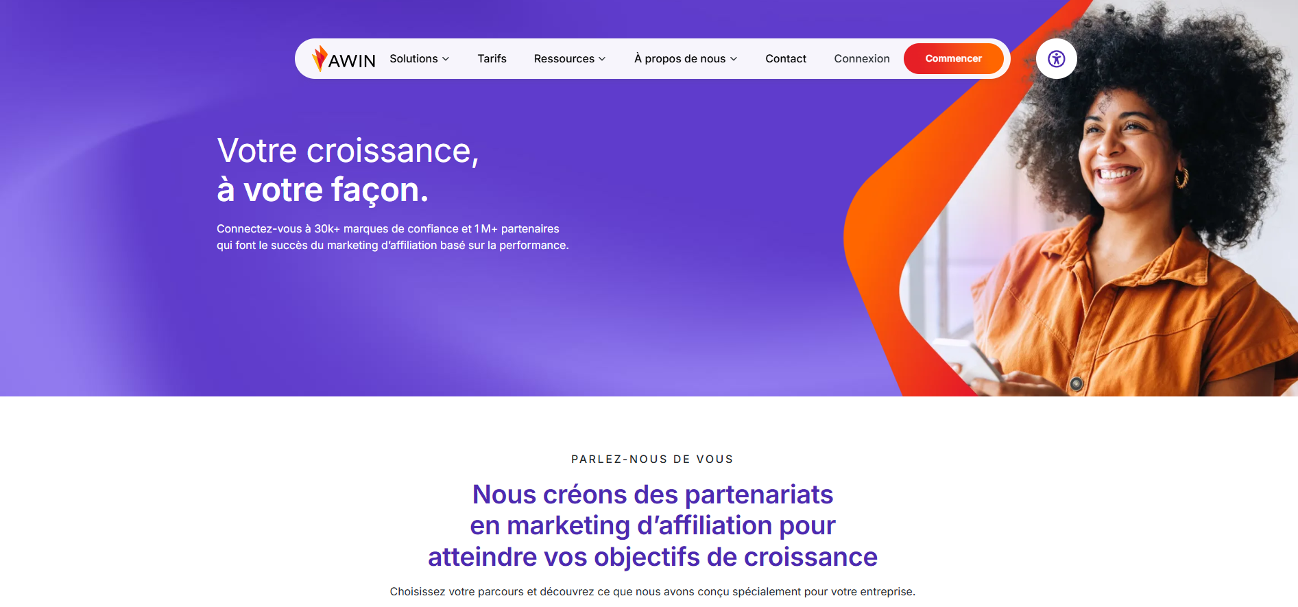 Capture d'écran de la page d'accueil du site web Awin en français