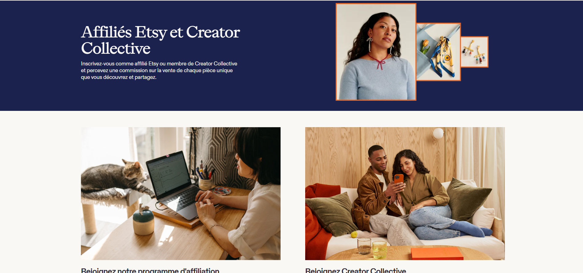 Capture d'écran de la page d'accueil du site web Etsy français
