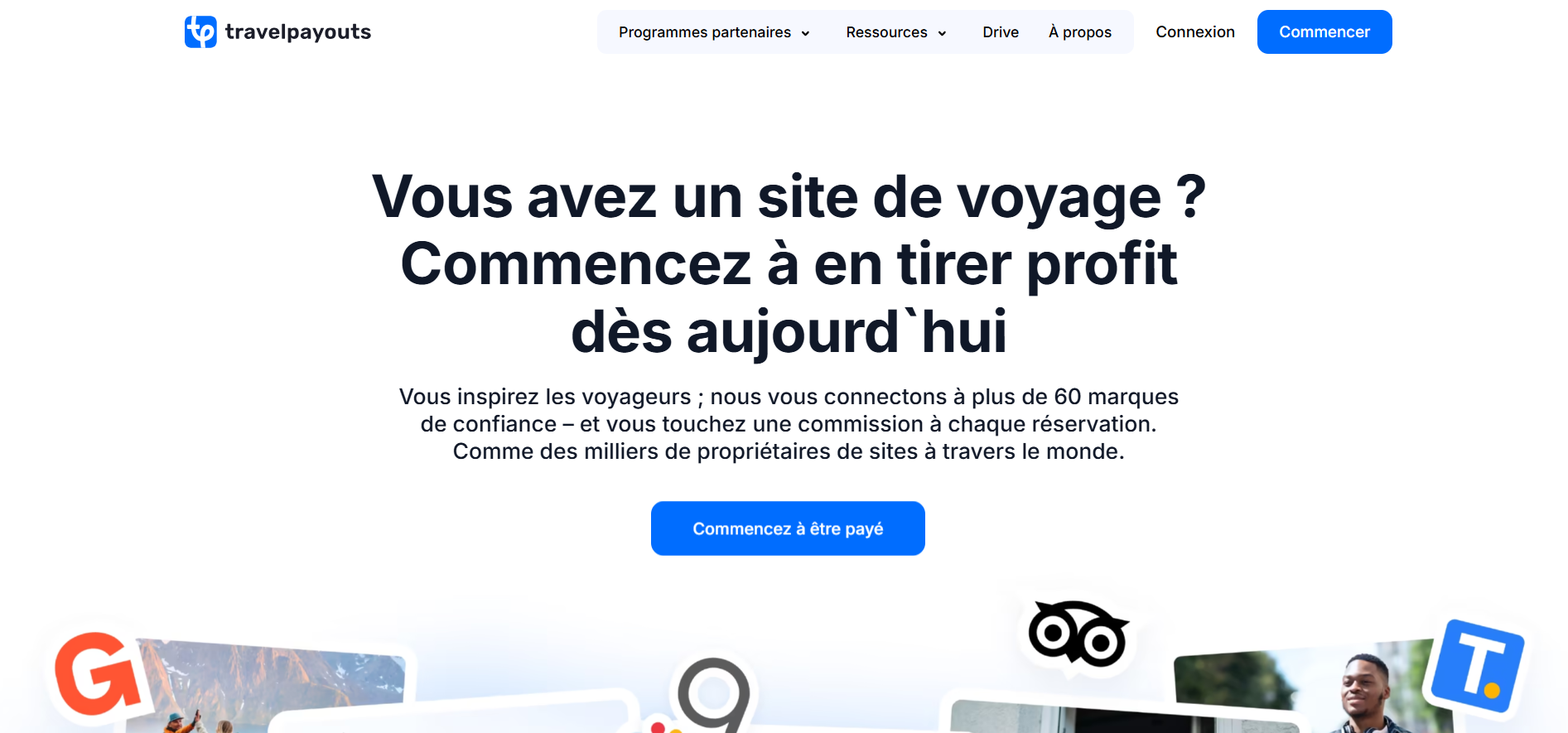 Capture d'écran de la page d'accueil du site web Travelpayouts français