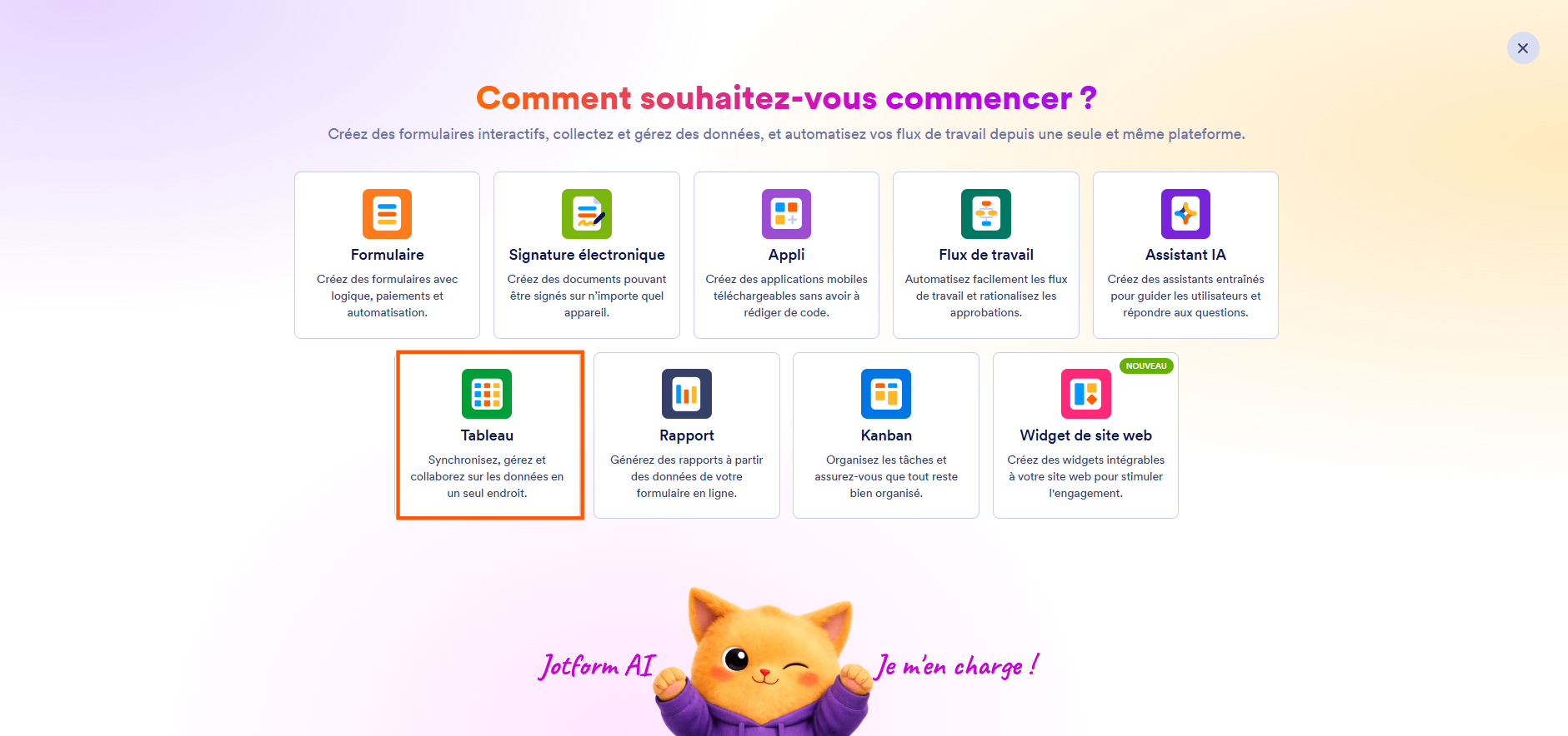 Capture d'écran de la page Comment souhaitez-vous commencer dans le tableau de bord de l'Espace de Travail Jotform avec l'option Tableau encadrée