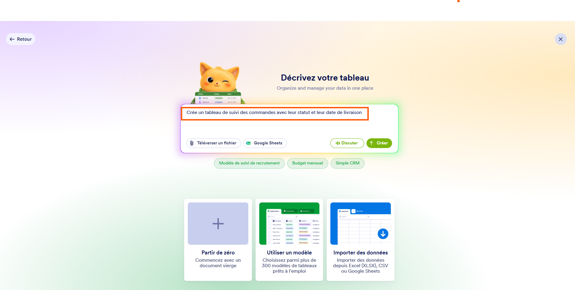 Capture d'écran de la page Décrivez votre tableau de l'interface de l'assistant de données IA de Jotform avec le prompt saisi encadré