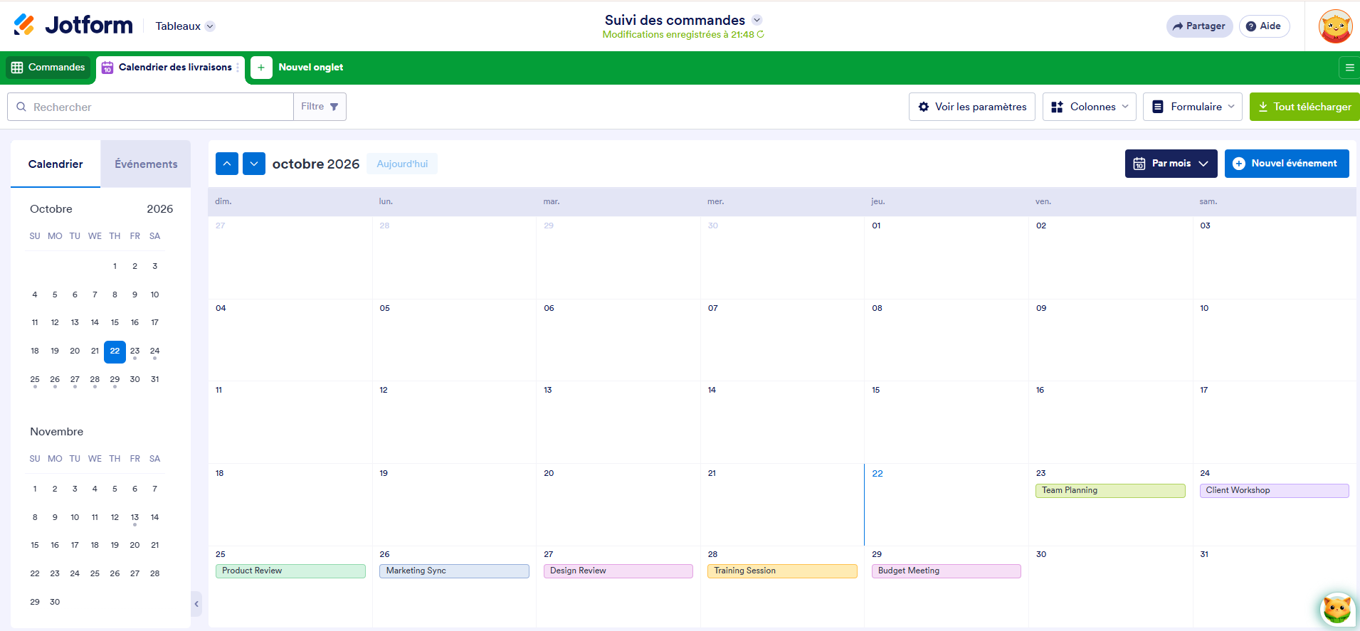 Capture d'écran du calendrier généré par l'assistant de données IA