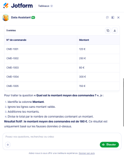 Capture d'écran de la manière dont l'assistant de données IA affiche les informations sur les données