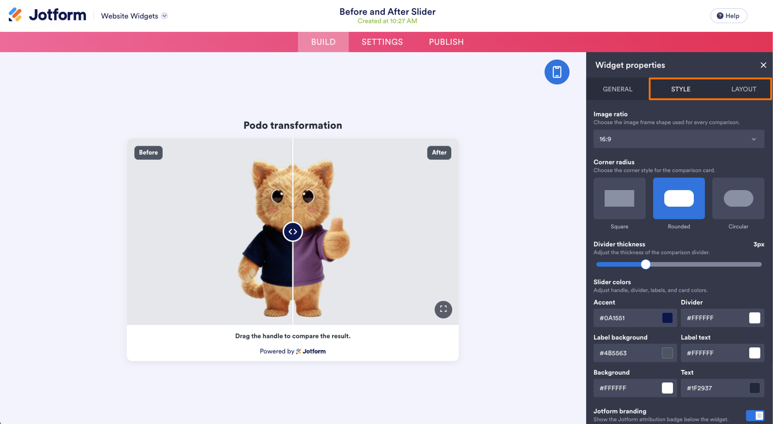 Jotform Website Widget Builder Style and Layout Tabs