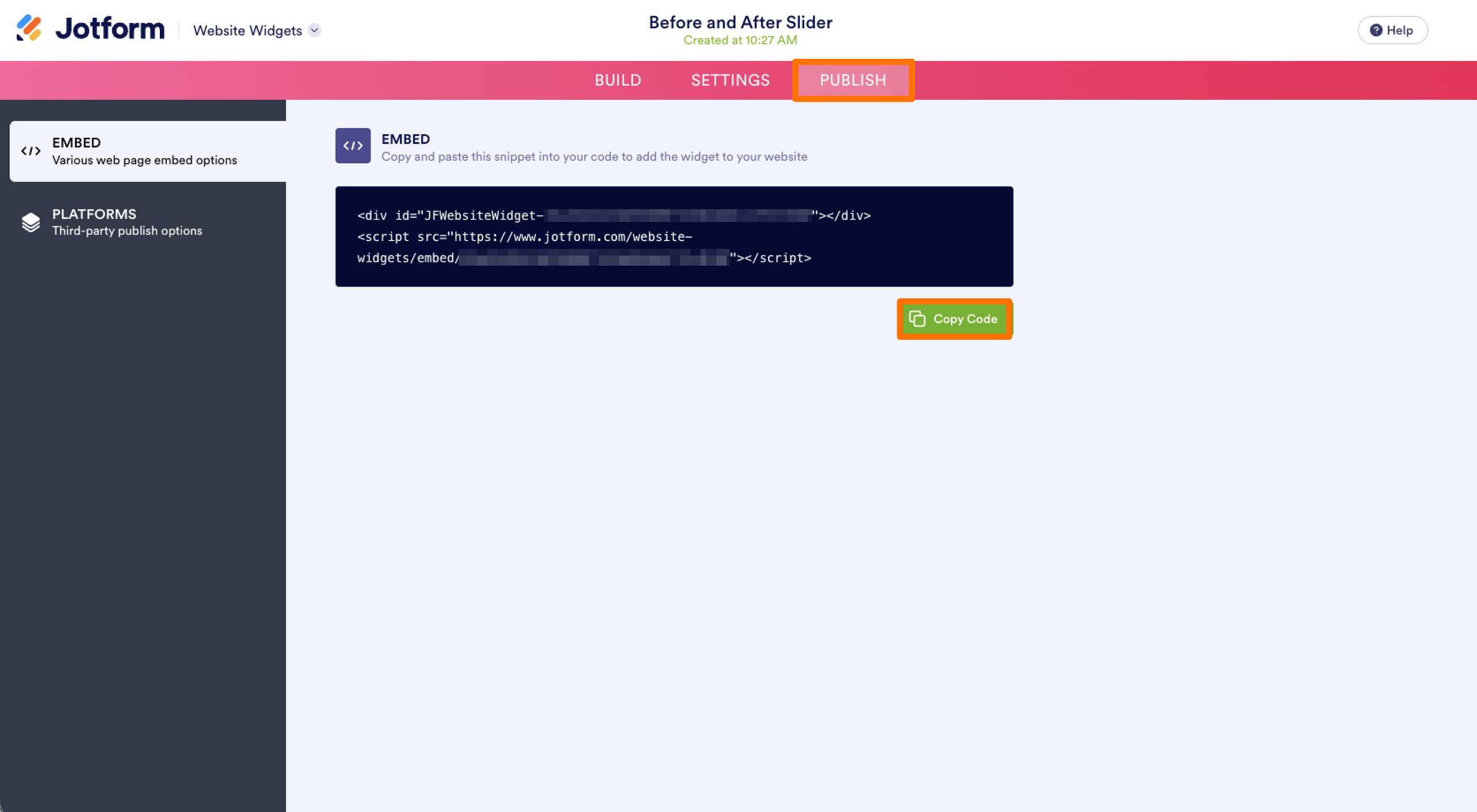 Jotform Website Widget Builder Publish Tab Embed Code