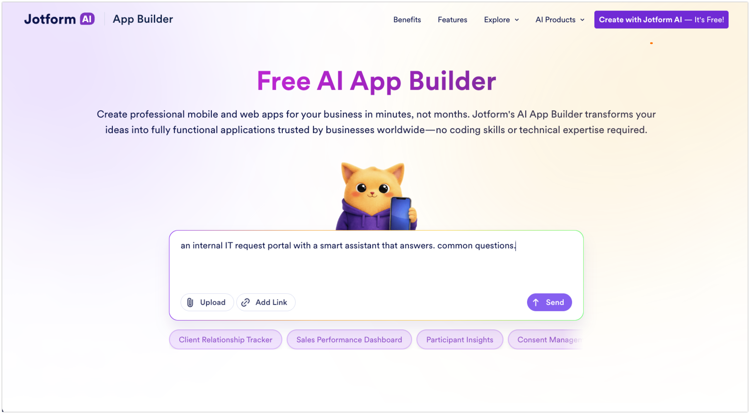 Jotform AI App Builder prompt screen showing a request to create an internal IT request portal with a smart assistant that answers common questions
