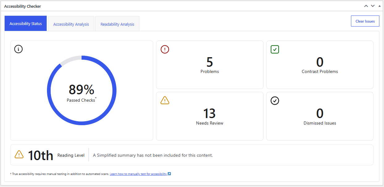 WordPress Accessibility Checker dashboard showing an 89 percent pass rate and five accessibility problems