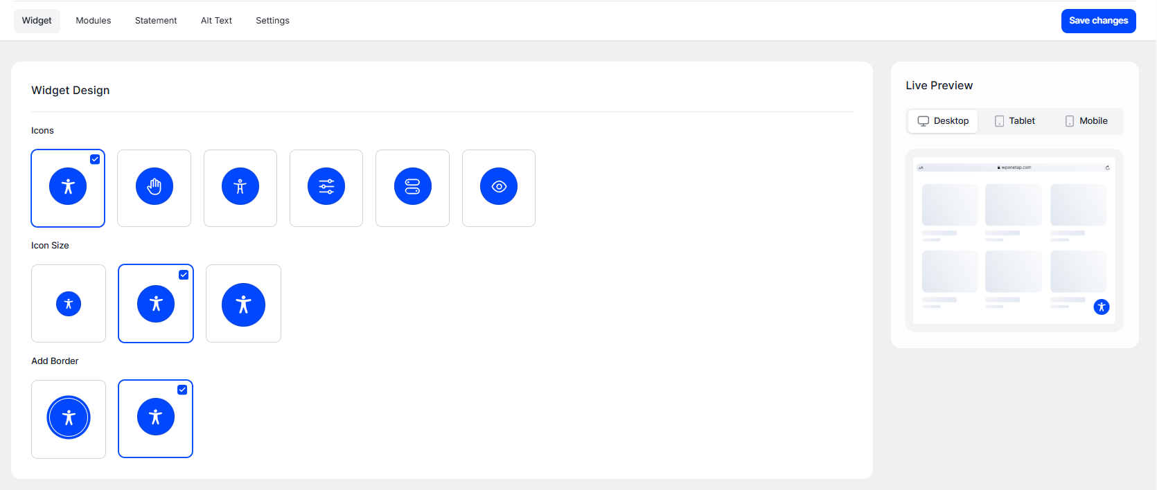OneTap widget design settings for choosing the icon, size, and border style