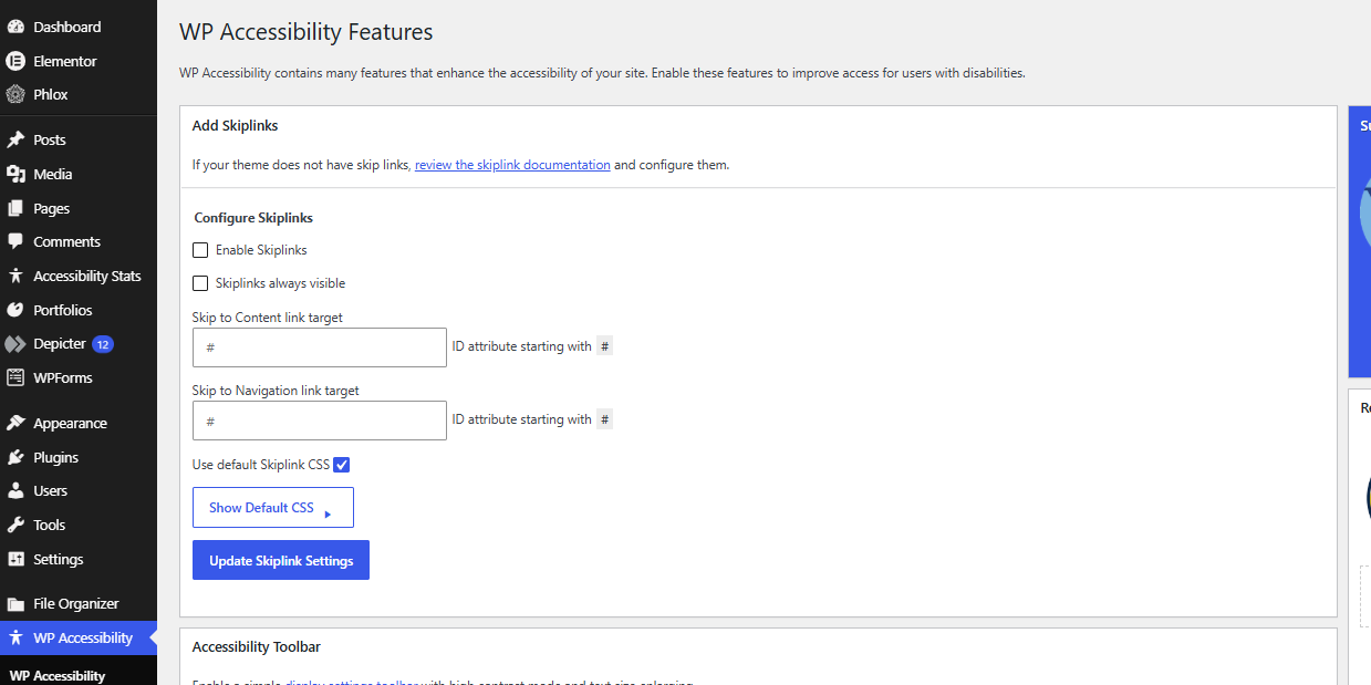 WP Accessibility settings for configuring skip links in WordPress