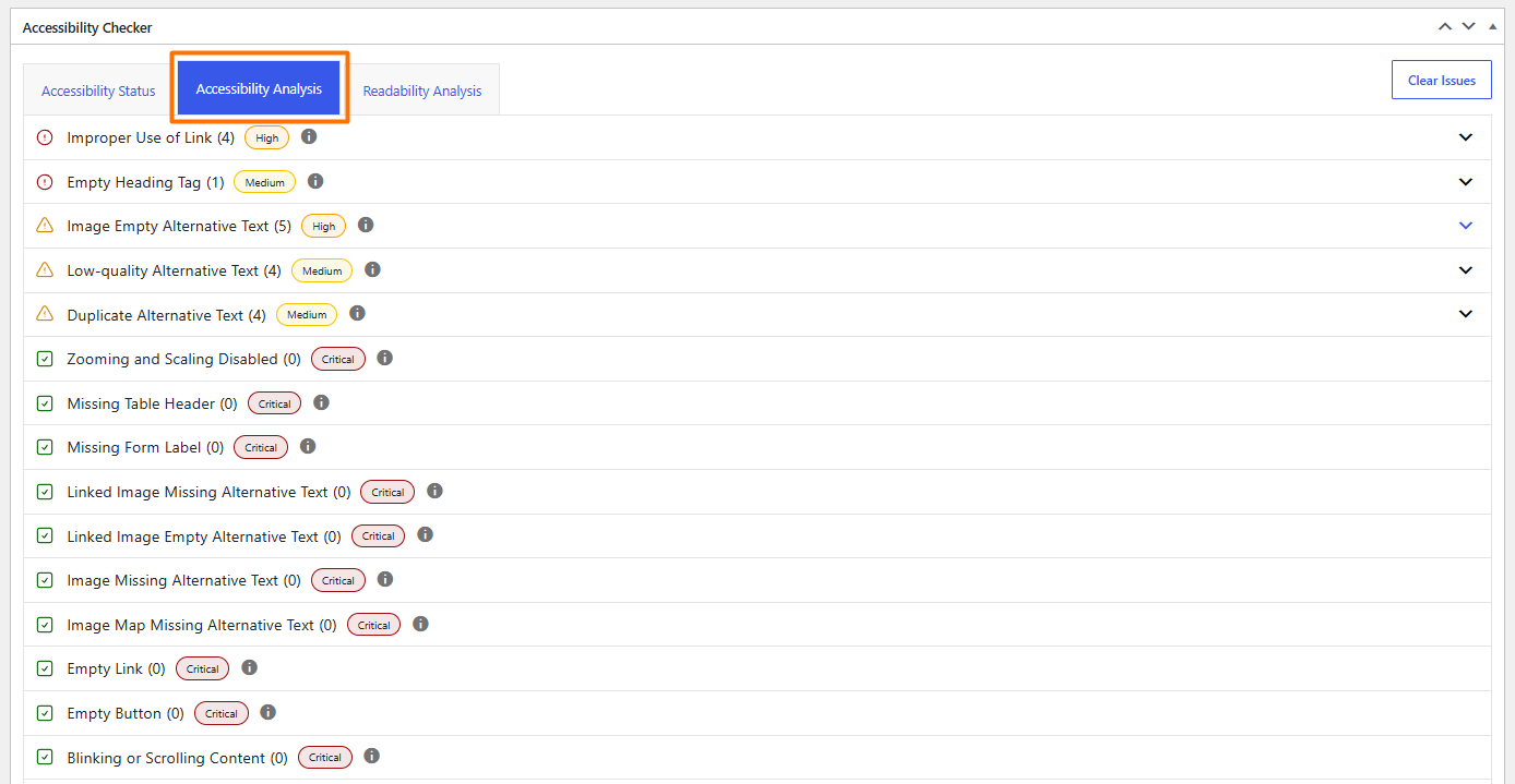 Accessibility Analysis tab listing detected issues by type and severity