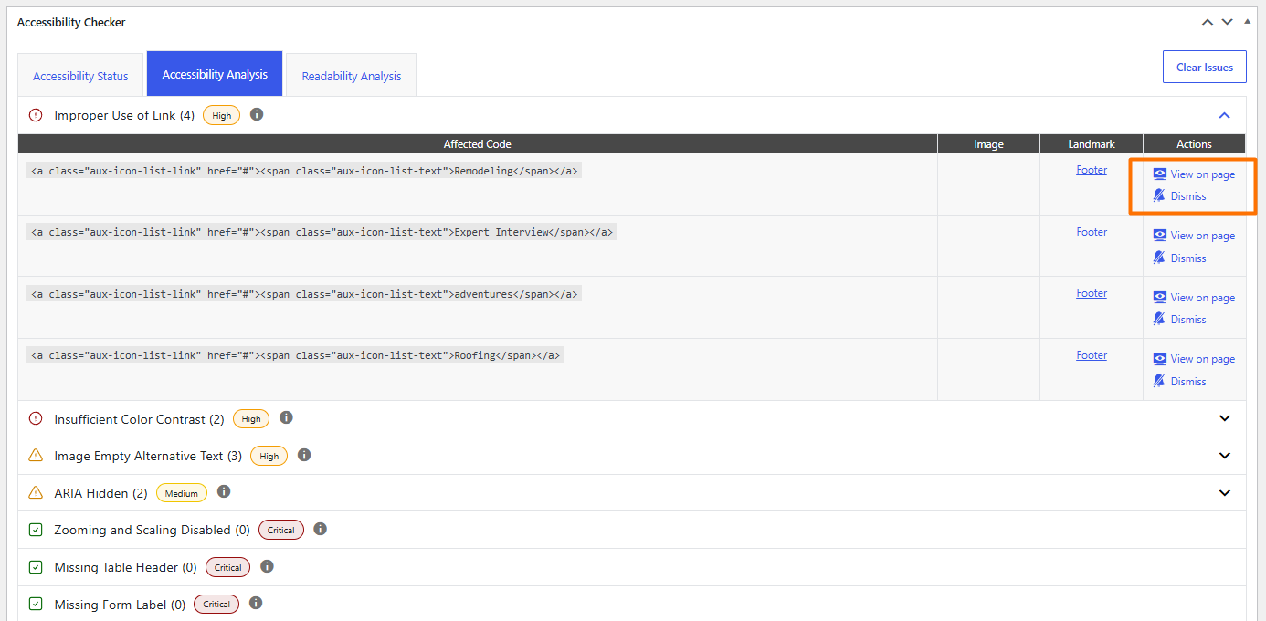 Accessibility Analysis tab showing improper links with options to view or dismiss each issue