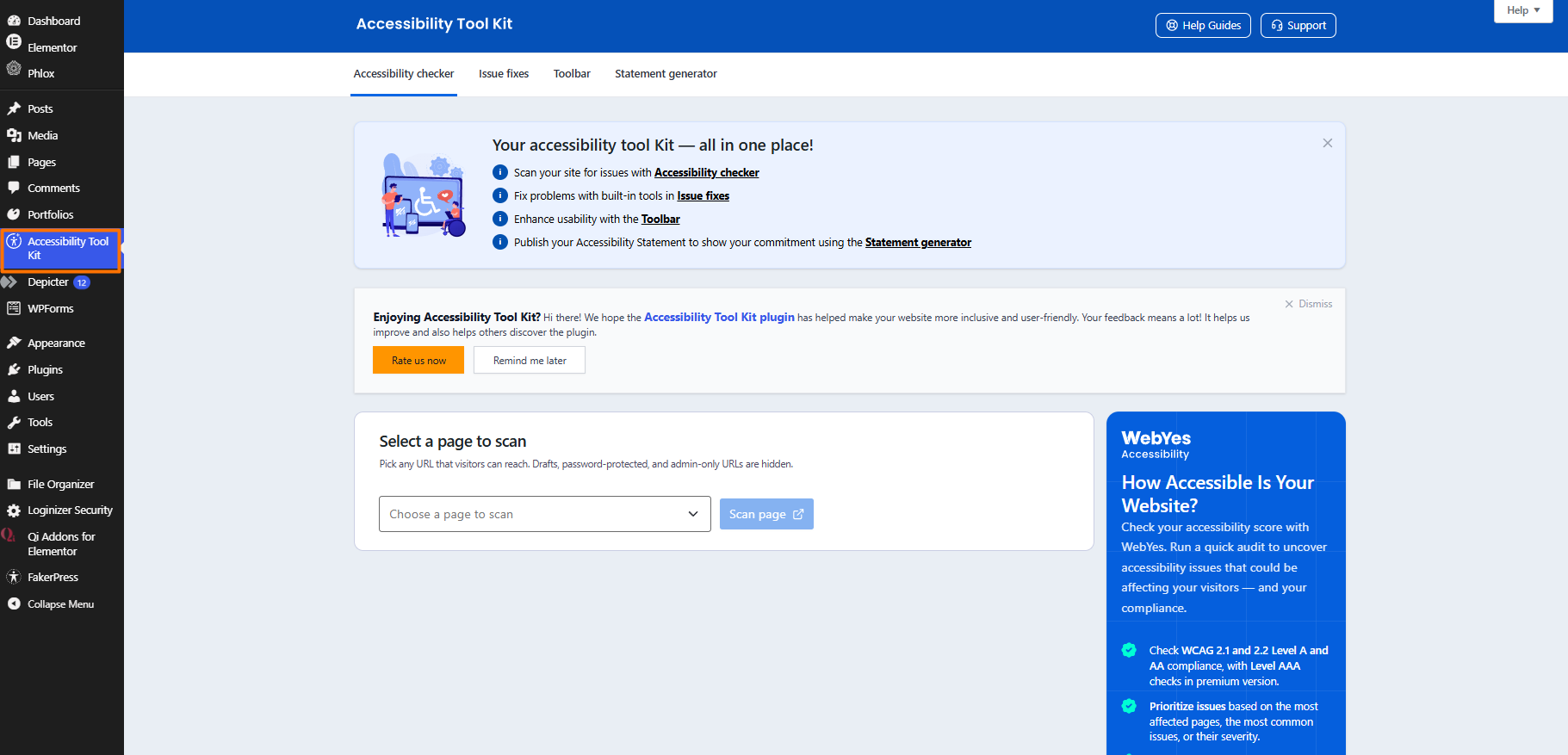 WordPress Accessibility Tool Kit dashboard with a page selection menu for running accessibility scans