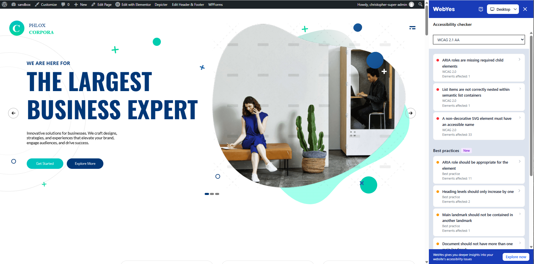 Web page preview with a WebYes sidebar listing accessibility issues and recommended fixes