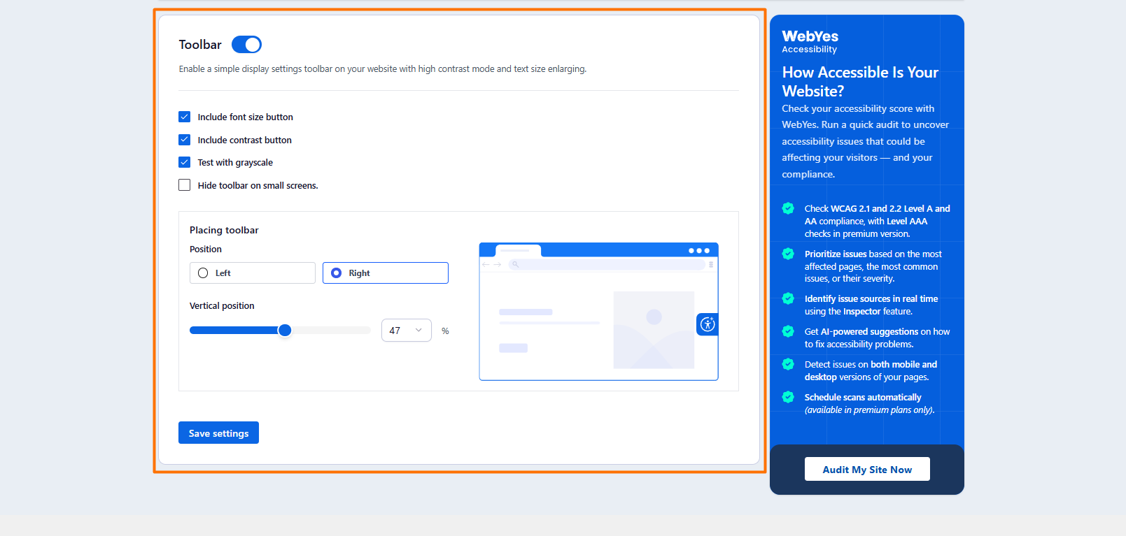 WebYes toolbar settings for customizing accessibility features, position, and size