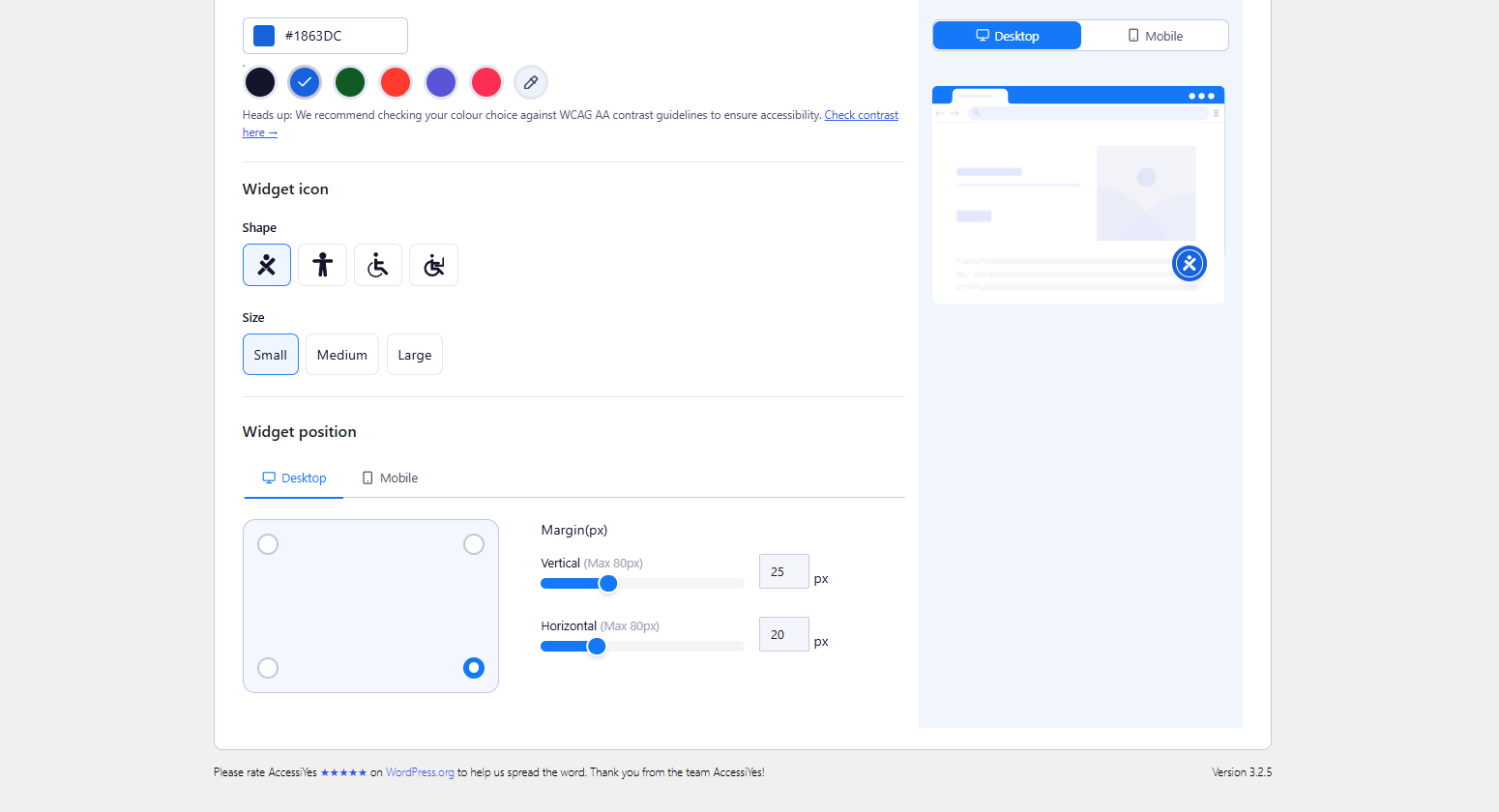 Accessibility widget settings for customizing its color, icon, size, and screen position