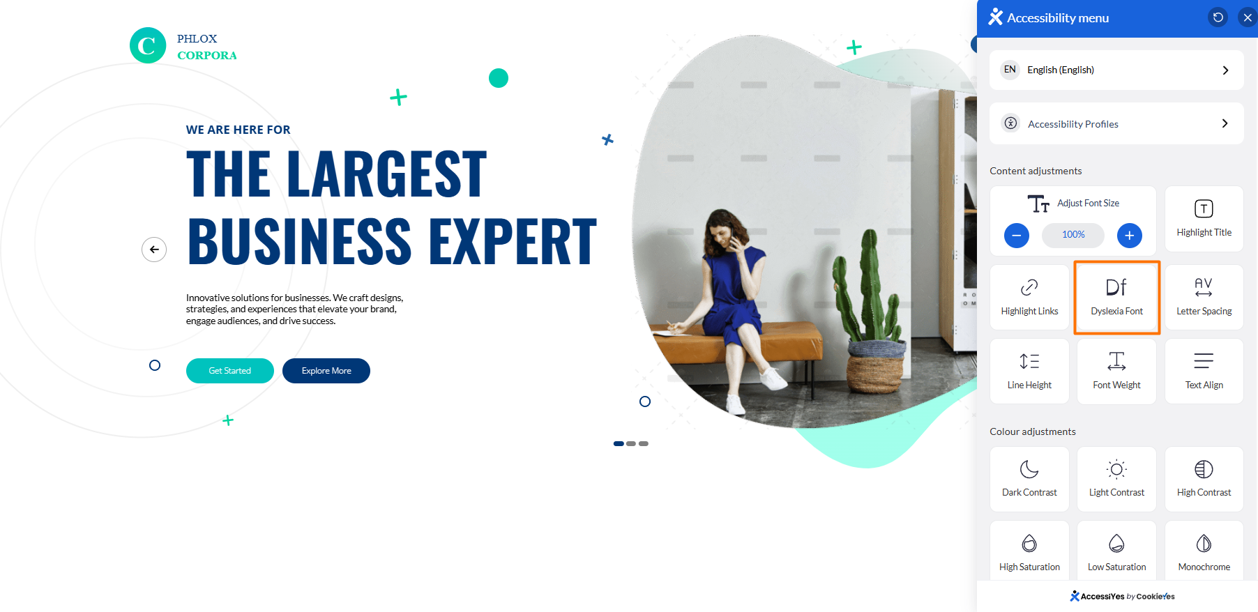 Website preview with an accessibility menu offering content and color adjustment options