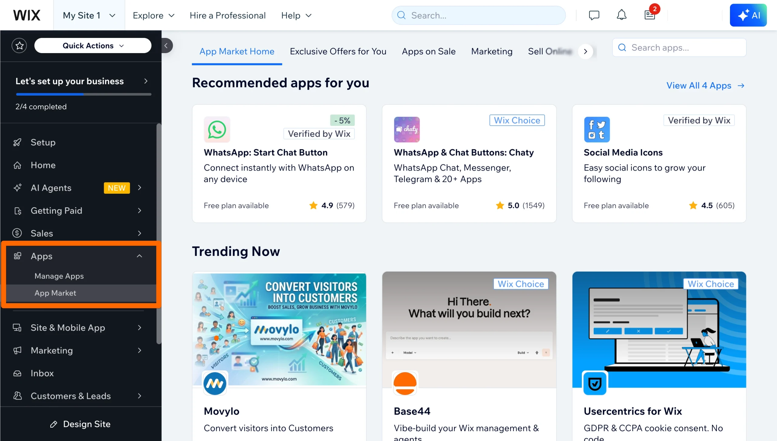 Wix App Market screen with the “Apps” section highlighted in the left sidebar and recommended apps displayed in the main panel