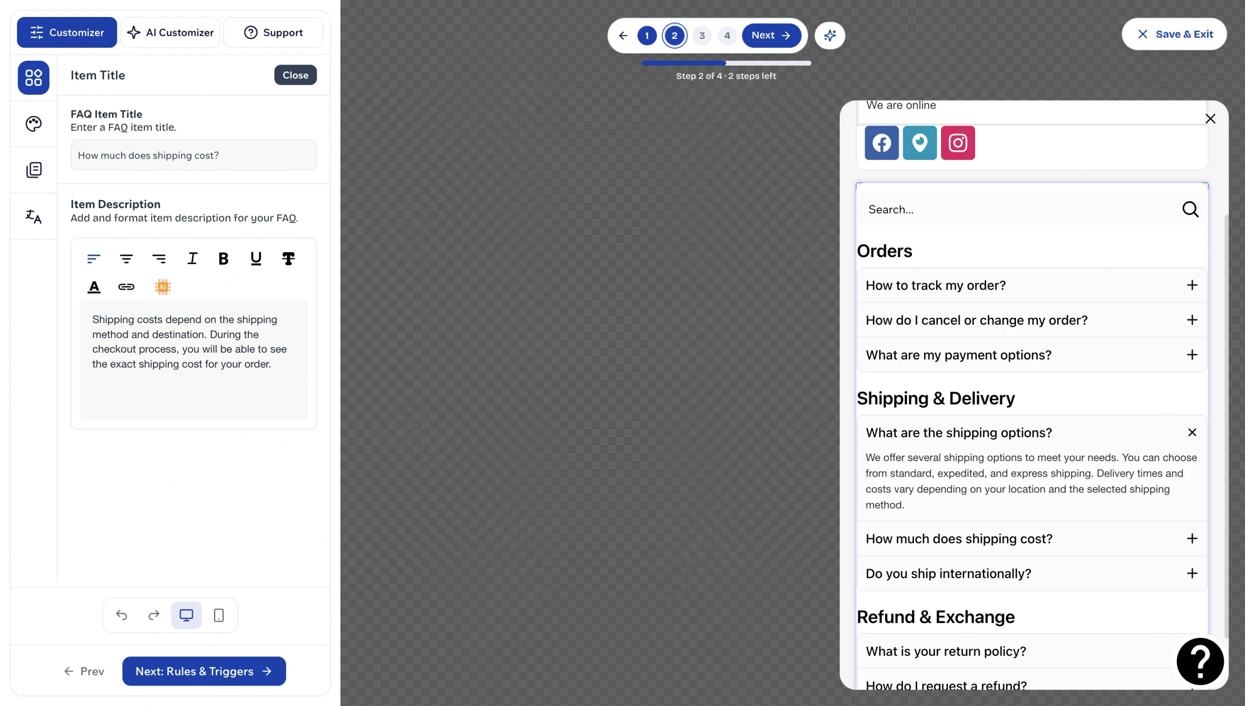 FAQ app editor showing question categories, answers, and storefront preview