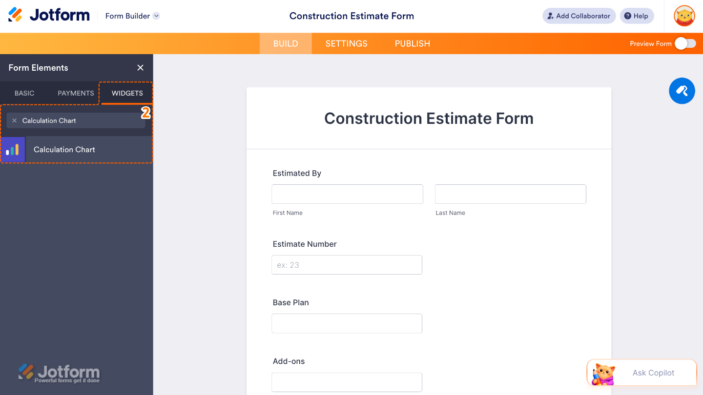 Form Builder Widgets tab showing the Calculation Chart widget in the search results