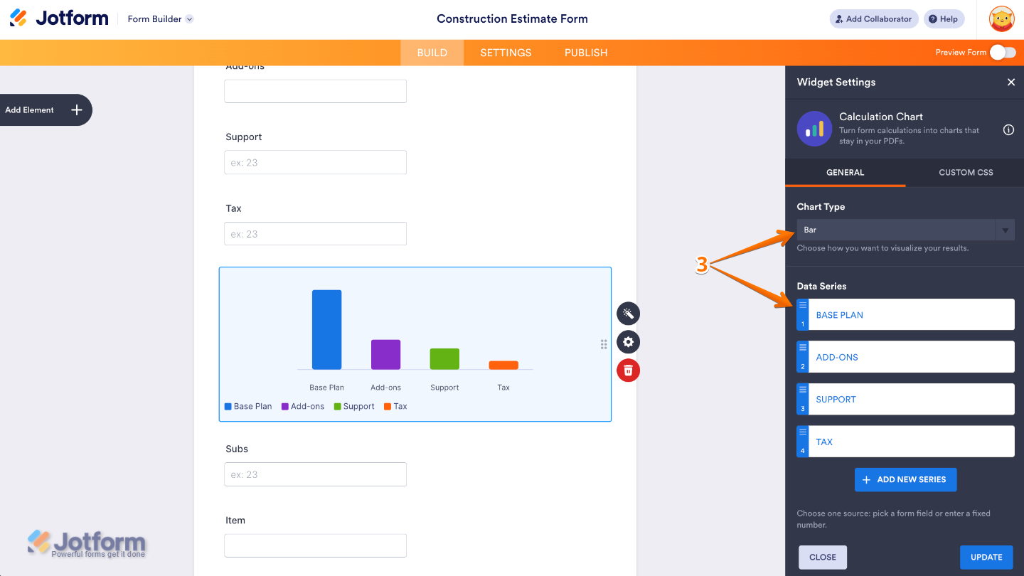 Calculation Chart widget Settings panel showing Chart Type and Data Series options for visualizing calculated form results