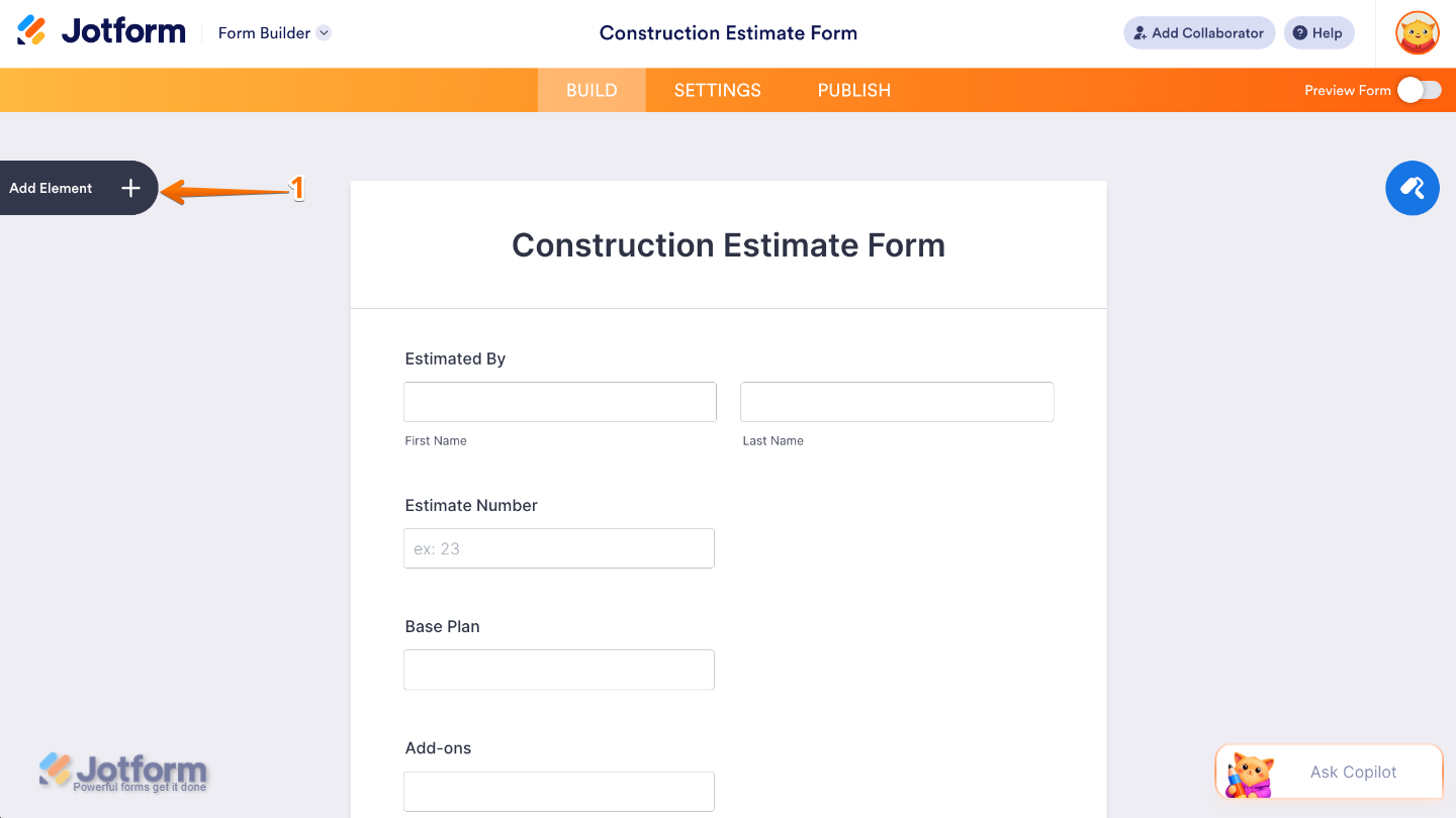 Form Builder highlighting the Add Element button in the left sidebar