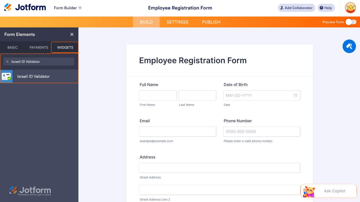 Searching for the Israeli ID Validator widget in the Widgets tab and adding it to the form