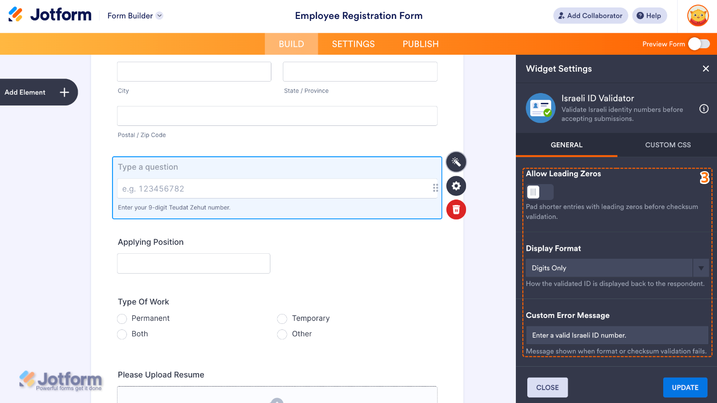 Configuring the Israeli ID Validator widget by allowing leading zeros, choosing the ID display format, and customizing the error message