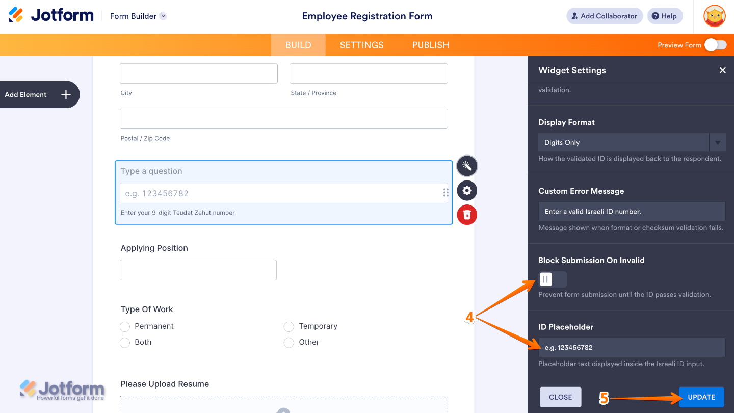 Configuring the Israeli ID Validator widget to block invalid submissions and customize the ID field placeholder text