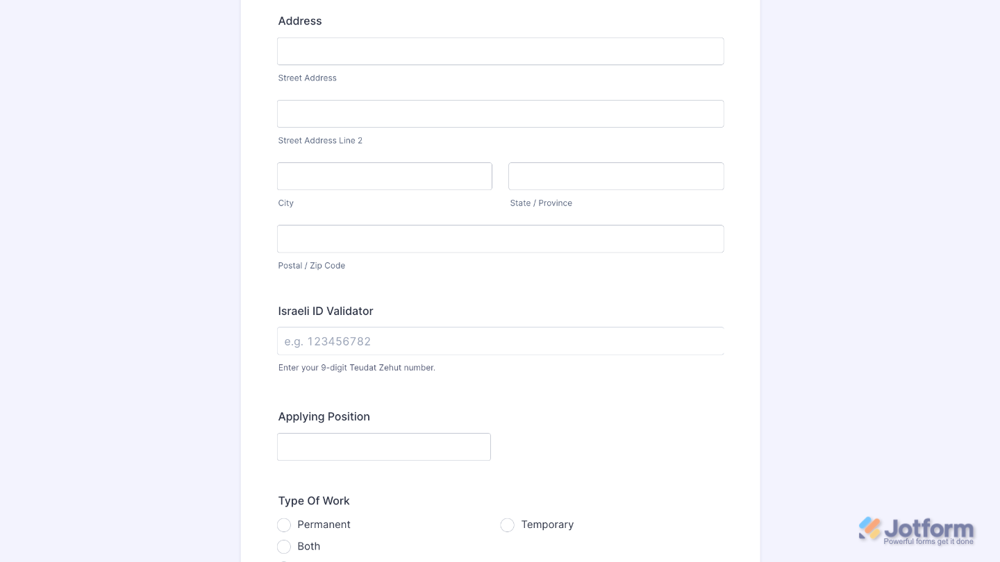 Israeli ID Validator widget on a Jotform form automatically validating Israeli ID numbers before submission