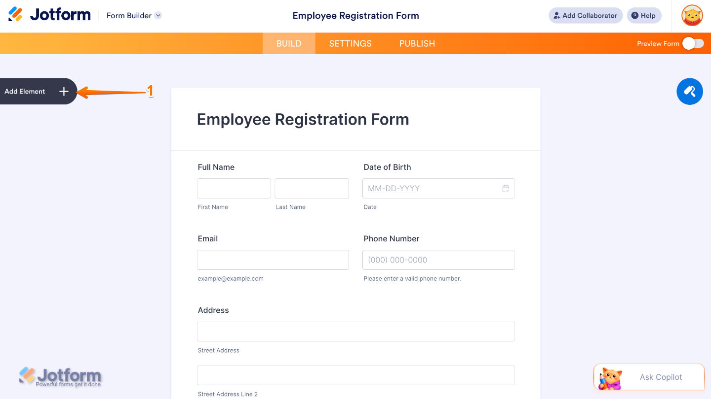 Form Builder highlighting the Add Element button in the left sidebar