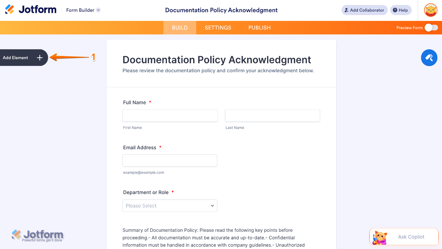 Form Builder highlighting the Add Element button on the left side of the page