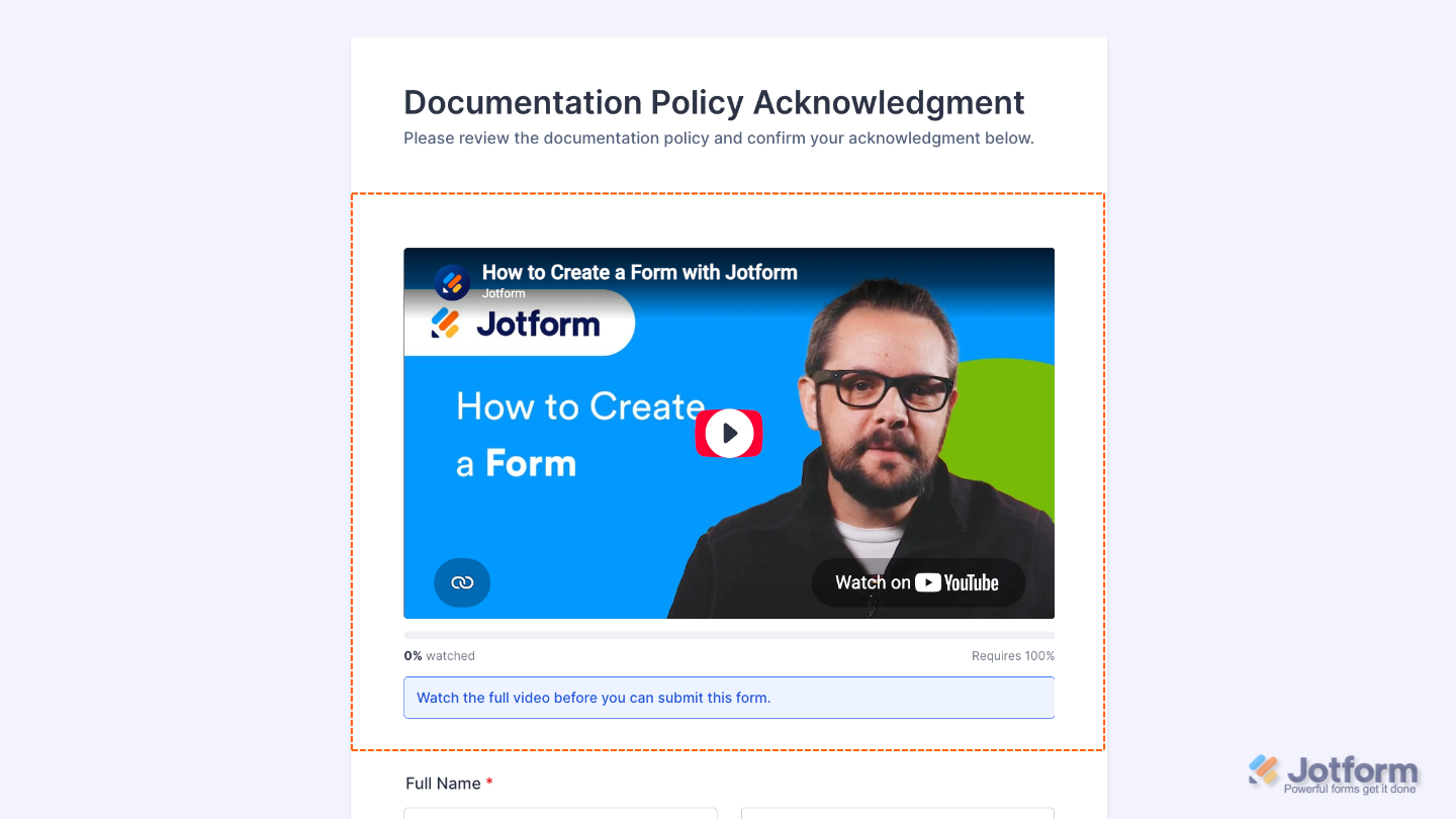 form displaying the Video Completion Gate widget, requiring respondents to watch a video before submission