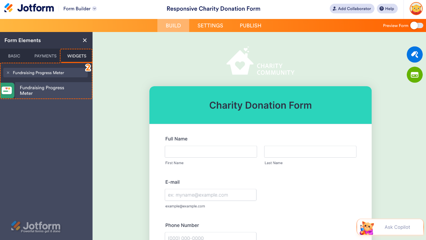 Searching for the Fundraising Progress Meter widget in the Widgets tab and adding it to a form
