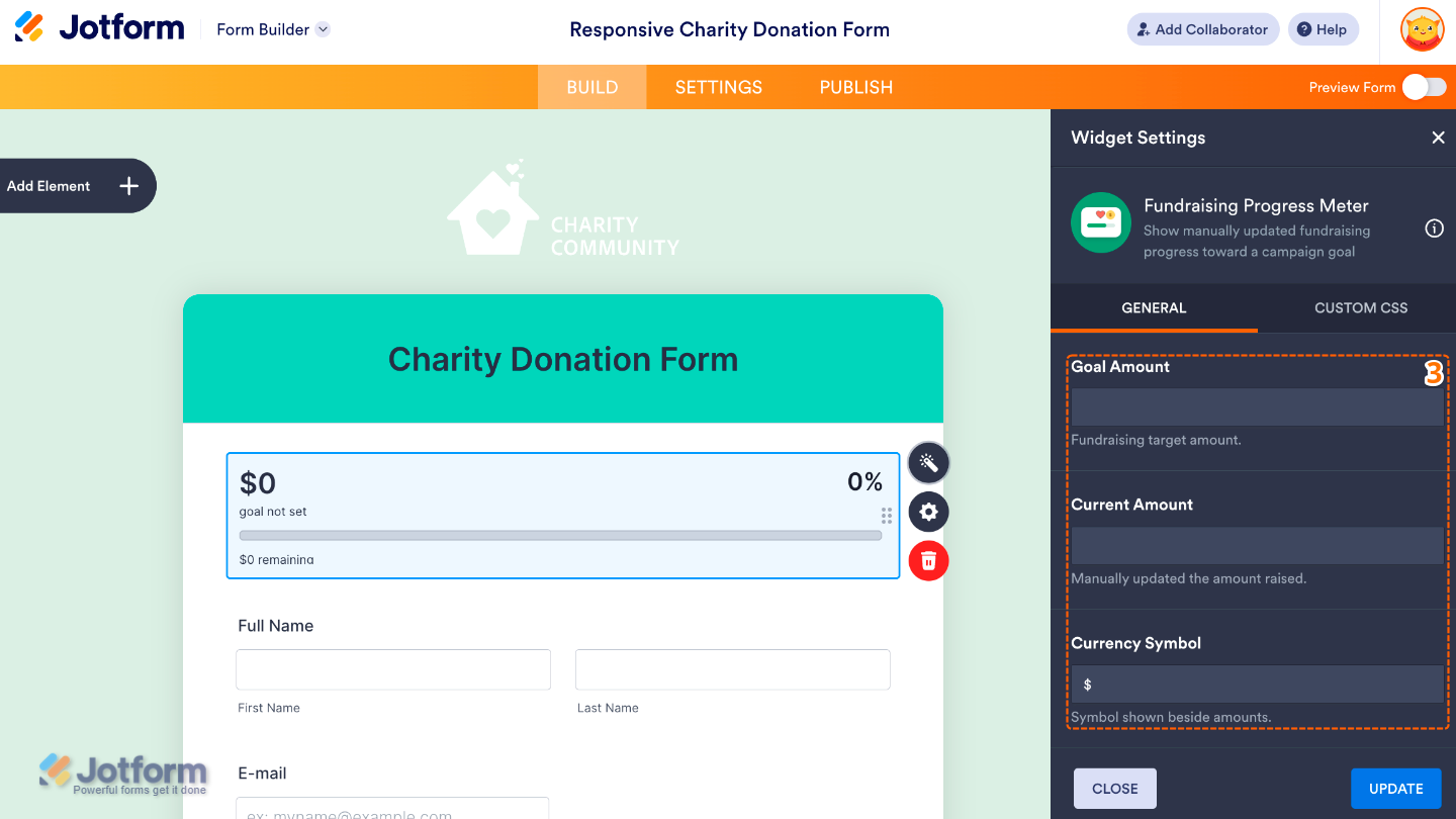 Configuring the Fundraising Progress Meter widget by setting the fundraising goal, current amount raised, and currency symbol