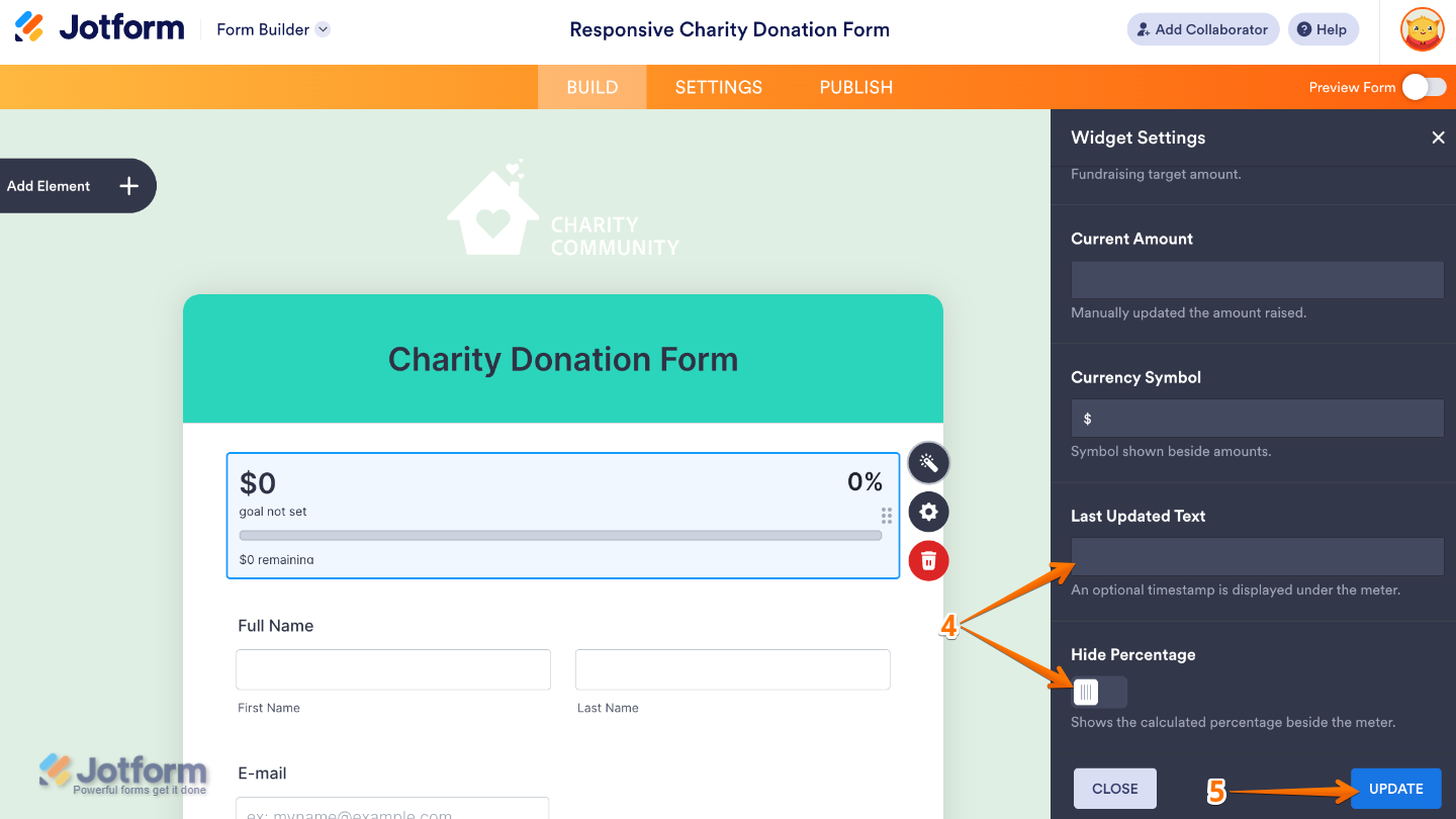 Configuring the Fundraising Progress Meter widget by customizing the last updated text, hiding the percentage display, and clicking Update to save the changes
